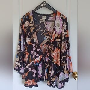 KNOX ROSE SIZE LARGE OPEN FRONT TIE JACKET/TOP BELL/FLARE SLEEVE BLACK LACE TRIM